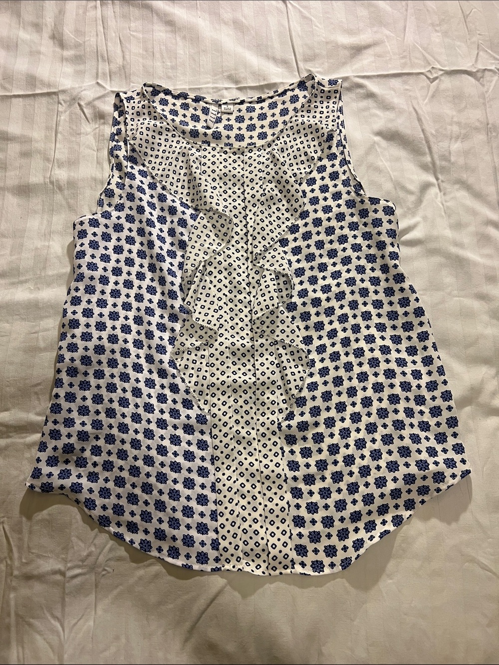 Elle White and Blue Printed Ruffle Tank